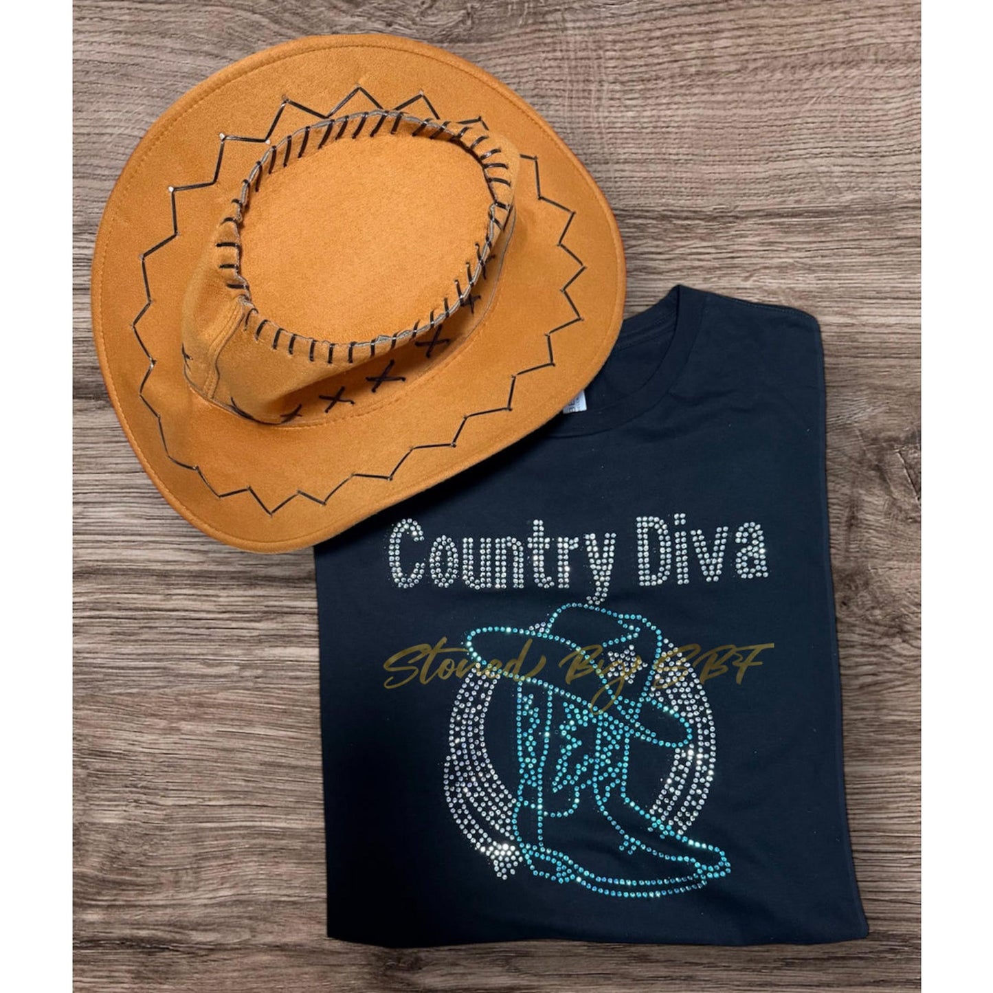 Country Diva Lasso, Boots and Hat Custom Rhinestone Bling Shirt