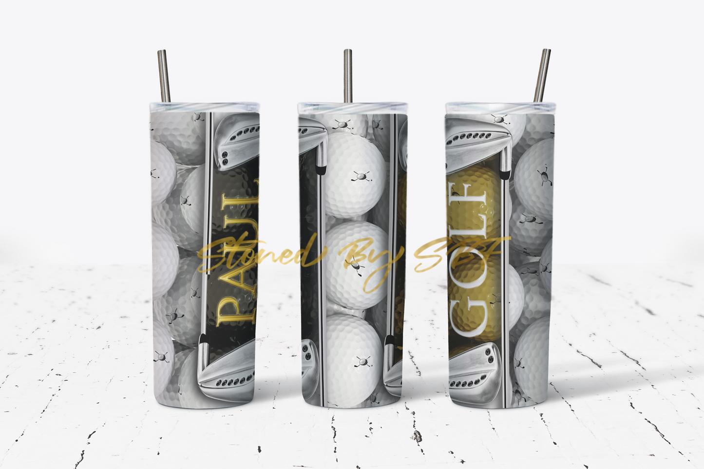 Golf White Balls with Gold Name - Hot and Cold Stainless Steel Tumbler