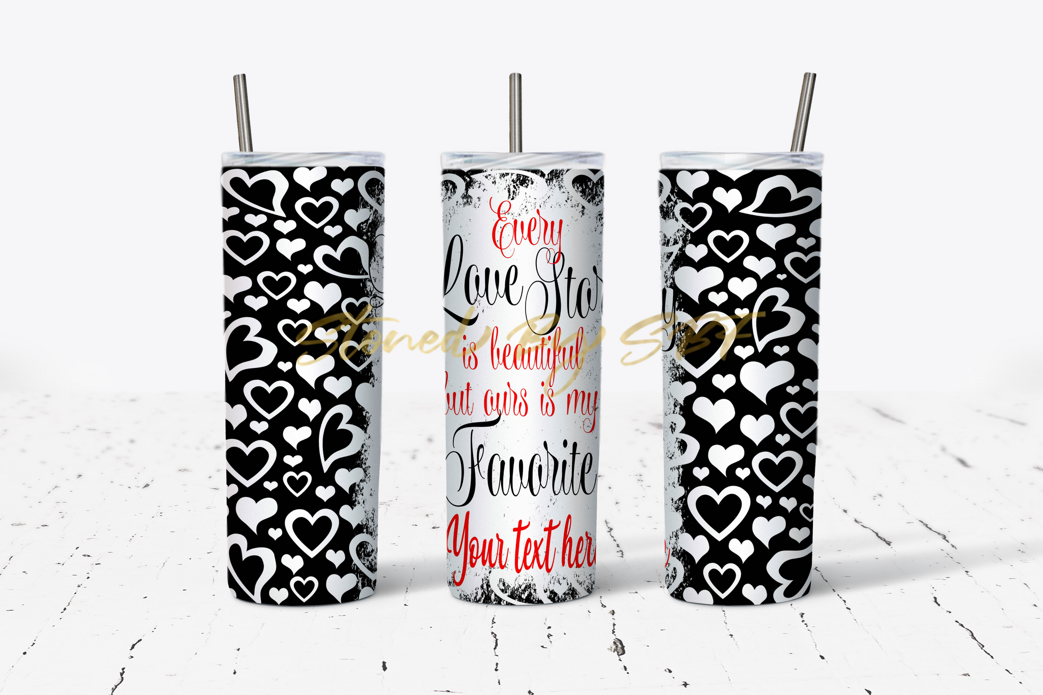 VAL03 - Every Love Story Is Beautiful Black and White Hearts - Hot and Cold Stainless Steel Tumbler